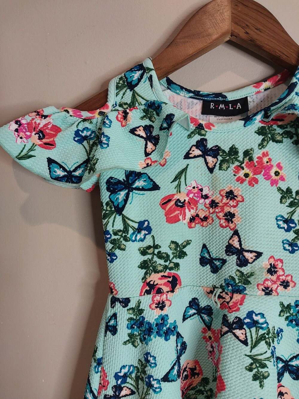 RMLS Girls Mint Green Floral Butterfly Cold Shoulder Ruffle Dress Size 4T